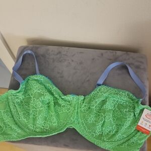 Lace Overlay Green Bra with Blue Straps